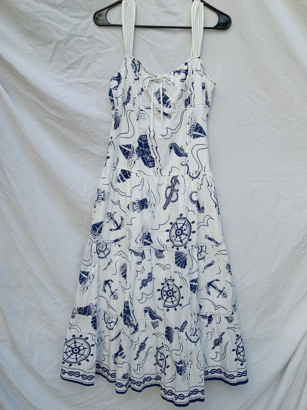 Moon River White and Navy Nautical Tie-Front Maxi Dress